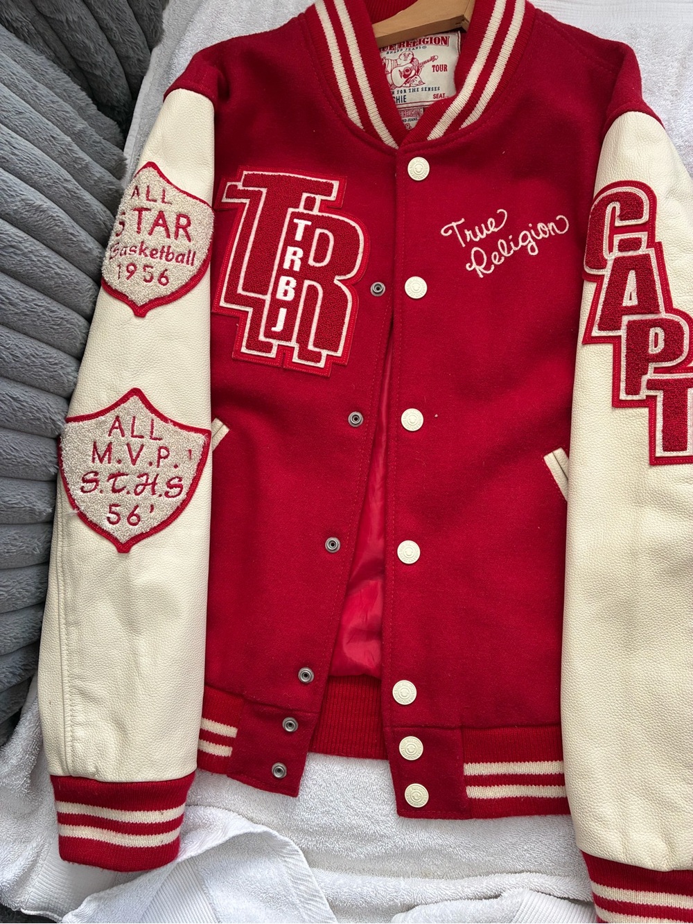 True Religion Red and Cream Varsity Letterman Jacket